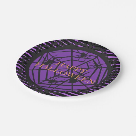 Schwarzes und Lila Glück Halloween Spooky Spiderwe Pappteller (Schrägansicht)