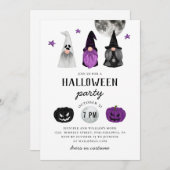 Schwarzes und lila Halloween-Party. Gnome und Kürb Einladung (Vorne/Hinten)