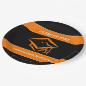 Schwarzes und orange Mortarboard-Abschluss-Party Pappteller (Schrägansicht)