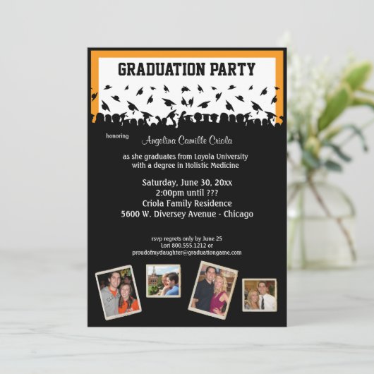 Schwarzes und orange Silhouette-Abschluss-Party Einladung (Stehend Vorderseite)
