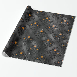 Schwarzes und oranges florales Damastmuster Geschenkpapier