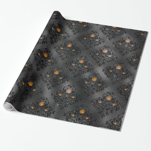 Schwarzes und oranges florales Damastmuster Geschenkpapier (Ungerollt)