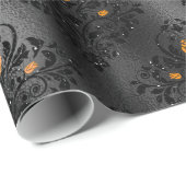 Schwarzes und oranges florales Damastmuster Geschenkpapier (Rolleneckpunkt)