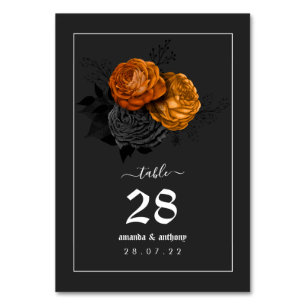 Schwarzes und oranges Halloween-Blumen-Hochzeitsme Tischnummer