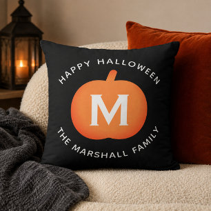 Schwarzes und oranges Kürbis-Monogramm Halloween Kissen