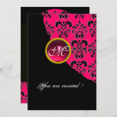 SCHWARZES UND PINKES DAMASK-MONOGRAMM, rote Rubine Einladung (Vorne/Hinten)