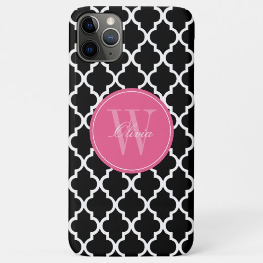 Schwarzes und pinkfarbenes Quatrefoil Monogramm Case-Mate iPhone Hülle (Rückseite)