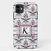 Schwarzes und rosa Damast-Monogramm Case-Mate iPhone Hülle (Rückseite)