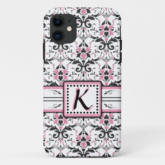 Schwarzes und rosa Damast-Monogramm Case-Mate iPhone Hülle (Rückseite)