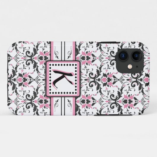 Schwarzes und rosa Damast-Monogramm Case-Mate iPhone Hülle (Rückseite (Horizontal))