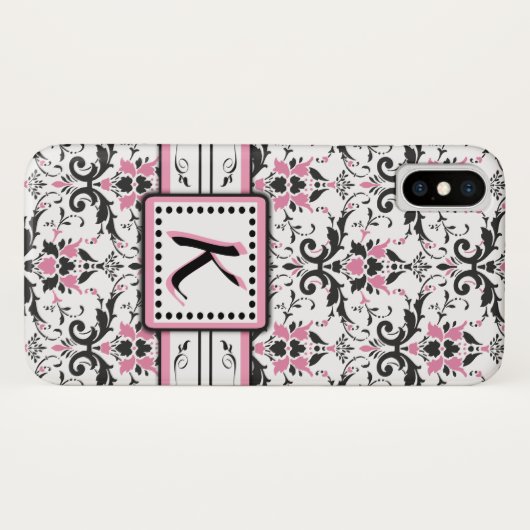 Schwarzes und rosa Damast-Monogramm Case-Mate iPhone Hülle (Rückseite (Horizontal))