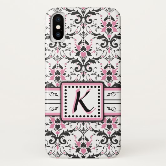 Schwarzes und rosa Damast-Monogramm Case-Mate iPhone Hülle (Rückseite)