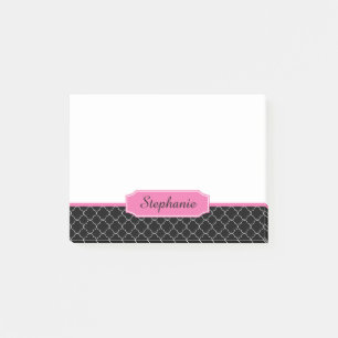 Schwarzes und rosa Quatrefoil Monogramm Post-it Klebezettel