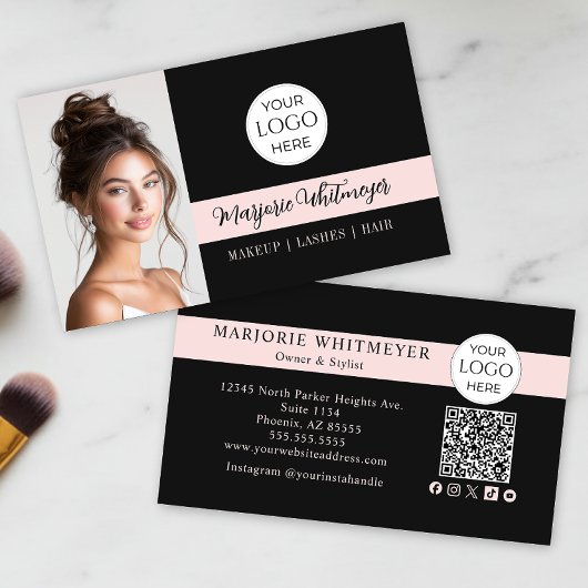 Schwarzes und rosa Schriftlogo QR-Code Foto Make-u Visitenkarte