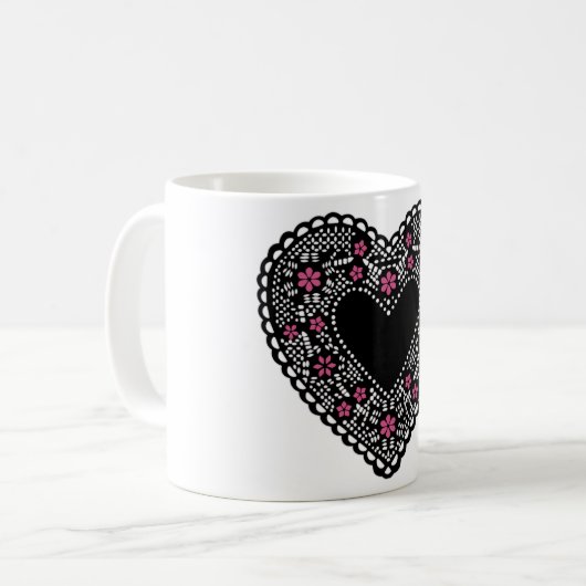 Schwarzes und rosa Spitzenherz Kaffeetasse (Vorderseite Links)