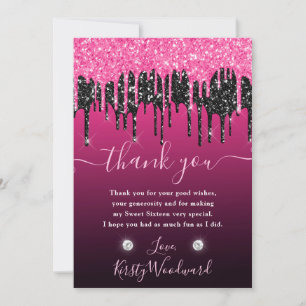 Schwarzes und rosa tropfendes Glitter Sweet 16 Dankeskarte