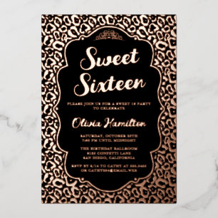 Schwarzes und Roségold Leopard Sweet 16 Folieneinladung