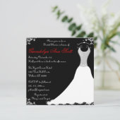 Schwarzes und Rotes Hochzeitsgown-Brautparty Einladung (Stehend Vorderseite)