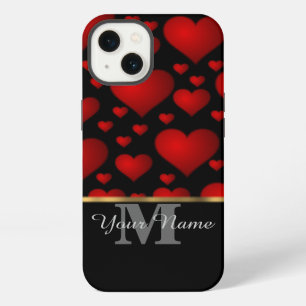Schwarzes und rotes Monogramm-Liebesherzmuster iPhone 13 Hülle