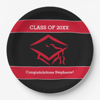 Schwarzes und rotes Mortarboard-Abschluss-Party Pappteller