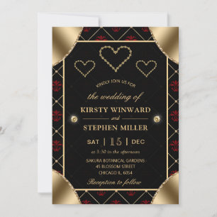 Schwarzes und rotes Rosenmuster und goldene Diaman Einladung