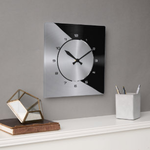 Schwarzes und silbernes modernes metallisches geom quadratische wanduhr