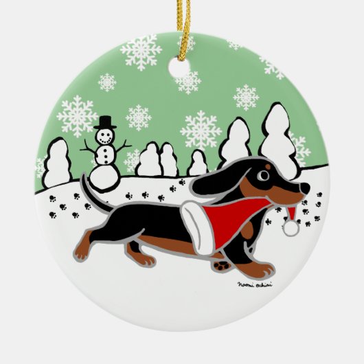 Schwarzes und TAN-Dackel-Weihnachtsbetrieb Keramik Ornament (Vorne)