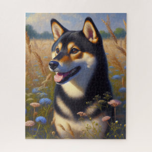 Schwarzes und Tan Shiba Inu Wildblume Feld Puzzle