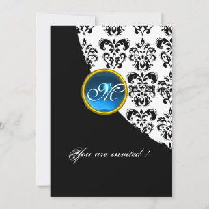 SCHWARZES UND WEISSES DAMASK-MONOGRAMM, blaues Sap Einladung