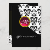 SCHWARZES UND WEISSES DAMASK-MONOGRAMM, rote Rubin Einladung (Vorne/Hinten)
