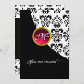SCHWARZES UND WEISSES DAMASK-MONOGRAMM, rote Rubin Einladung (Vorne/Hinten)