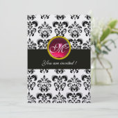 SCHWARZES UND WEISSES DAMASK-MONOGRAMM, rote Rubin Einladung (Stehend Vorderseite)