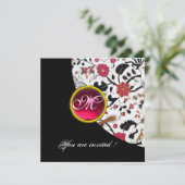 SCHWARZES UND WEISSES DAMASK-MONOGRAMM, rote Rupie Einladung (Stehend Vorderseite)