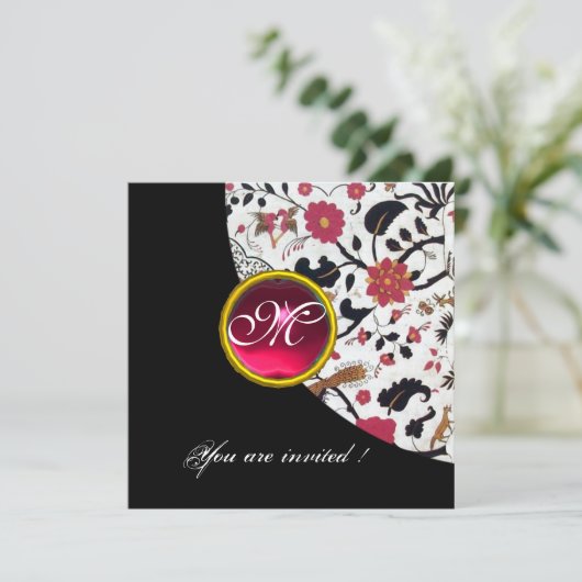 SCHWARZES UND WEISSES DAMASK-MONOGRAMM, rote Rupie Einladung (Stehend Vorderseite)
