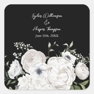 Schwarzes und weißes elegantes Blumenbouquet moder Quadratischer Aufkleber