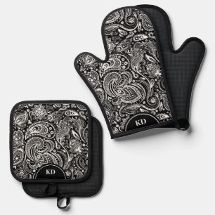 Schwarzes und weißes elegantes vintage Paisley-Mus Ofenhandschuh & Topflappen-Set