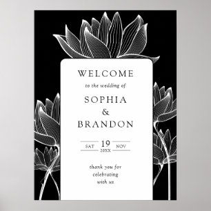 Schwarzes und weißes florales Hochzeit-Willkommens Poster