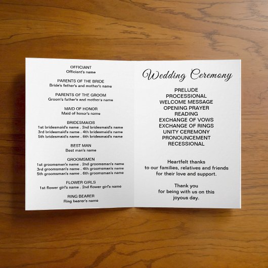 Schwarzes und weißes Hochzeitsprogramm Programm