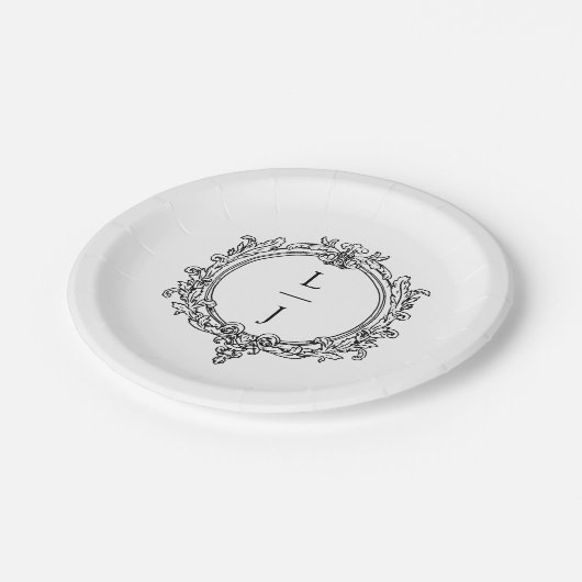 schwarzes und weißes Laub Wappen Hochzeit Pappteller (Schrägansicht)