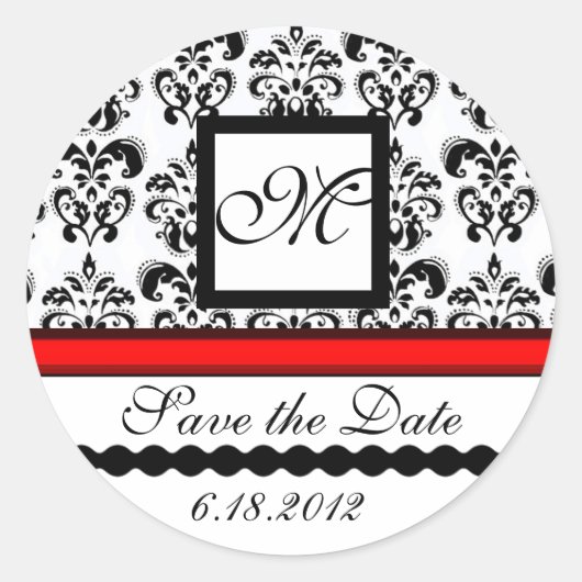 SCHWARZES UND WEISSES ROTES DAMASK-MONOGRAMM, Save Runder Aufkleber (Vorderseite)