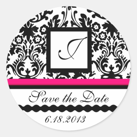 SCHWARZES UND WEISSES ROTES DAMASK-MONOGRAMM, Save Runder Aufkleber (Vorderseite)