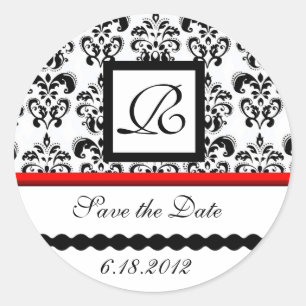 SCHWARZES UND WEISSES ROTES DAMASK-MONOGRAMM, Save Runder Aufkleber
