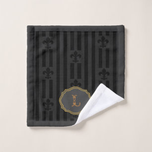 Schwarzes Velours Fleur-de-Lis Monogramm Waschlapp Waschlappen