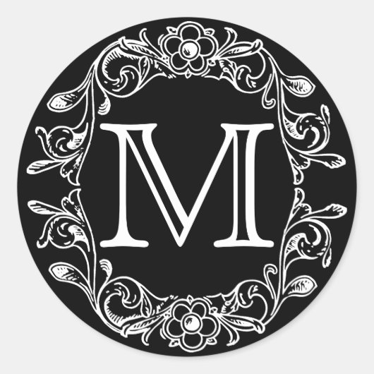 Schwarzes vintage Blumenmonogramm Runder Aufkleber (Vorderseite)