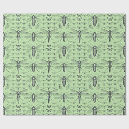 Schwarzes Vintage-Insektendesign auf Weich-Salbei- Geschenkpapier