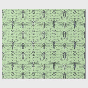 Schwarzes Vintage-Insektendesign auf Weich-Salbei- Geschenkpapier