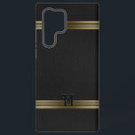 Schwarzes Vintages Leder Textur Gold Streifen Samsung Galaxy Hülle<br><div class="desc">Bild eines Vintagen schwarzen Ledertextur mit goldenen Streifen. Optionales Monogramm.</div>