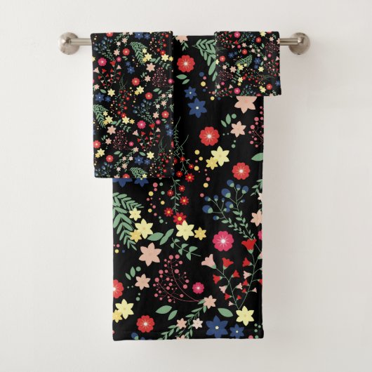 Schwarzes Vintages Wildblume-Muster Badhandtuch Set (Insitu)