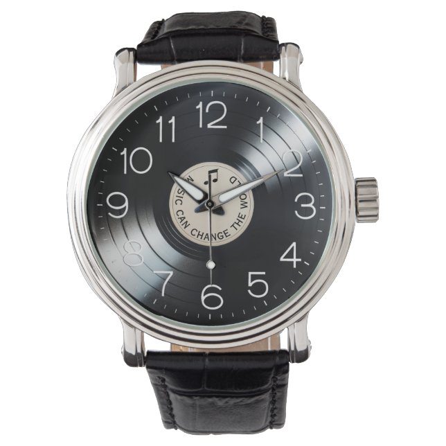 Schwarzes Vinyl Album mit Zitat Armbanduhr (Vorderseite)