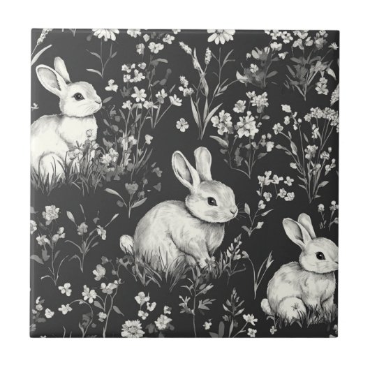 Schwarzes Waldkaninchen-Botanikmuster Fliese (Vorderseite)